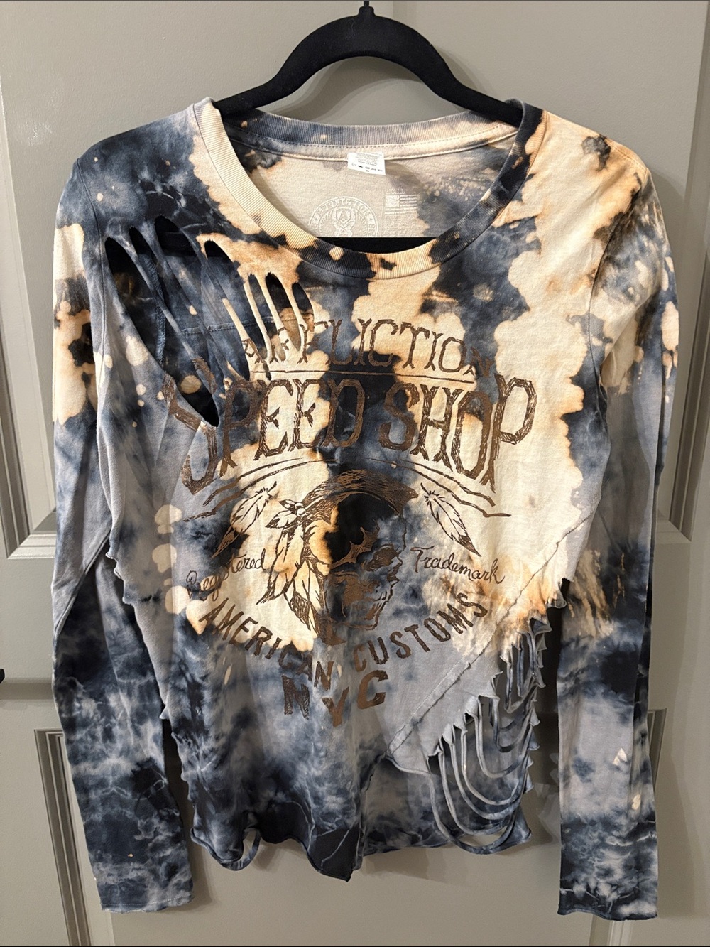 Affliction Black & Cream Bleached Distressed Long Sleeve Tee